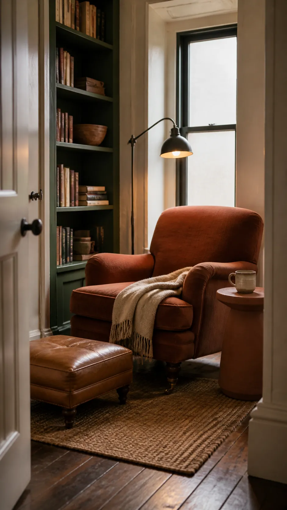 Forest green reading nook accented with terracotta upholstery and warm ceramics