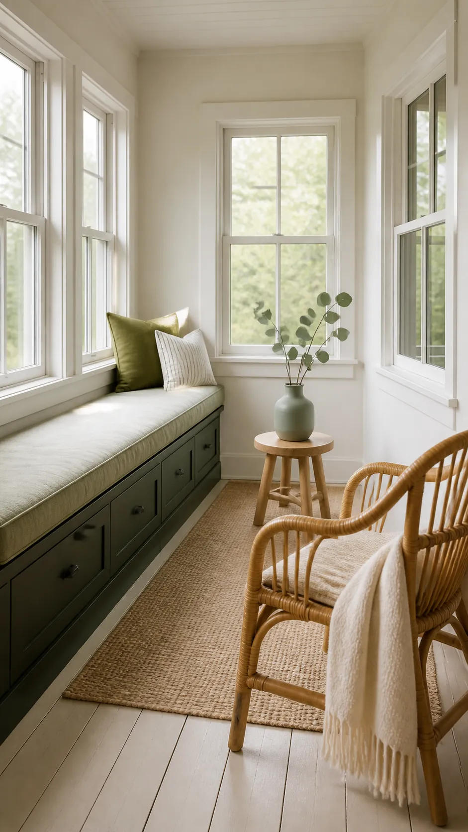 Layered forest green and sage sunroom with cream linen and natural rattan