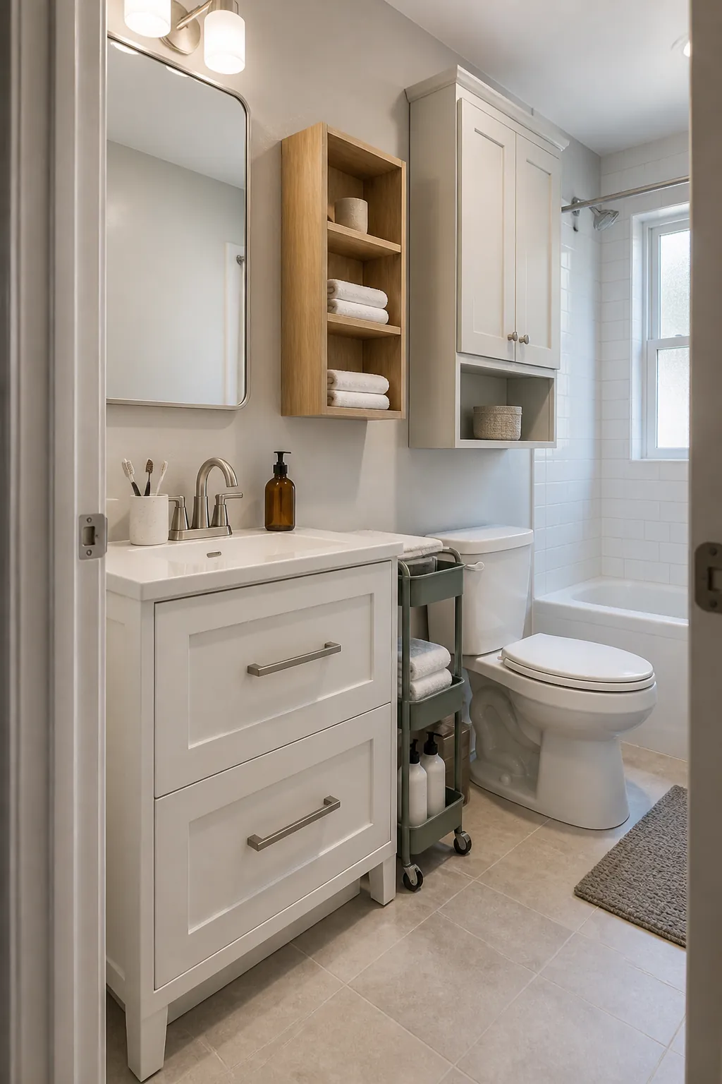Organized small bathroom with vertical storage, a slim cart, and a clear floor