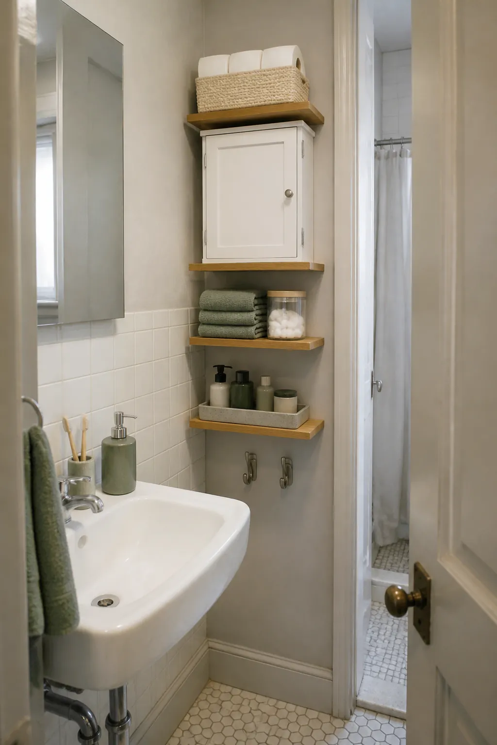 Shallow vertical bathroom storage shelves in a compact bathroom