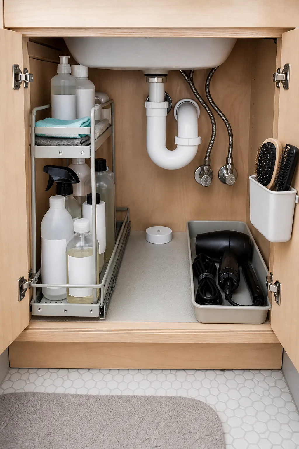 Under sink organizer fitted around bathroom plumbing