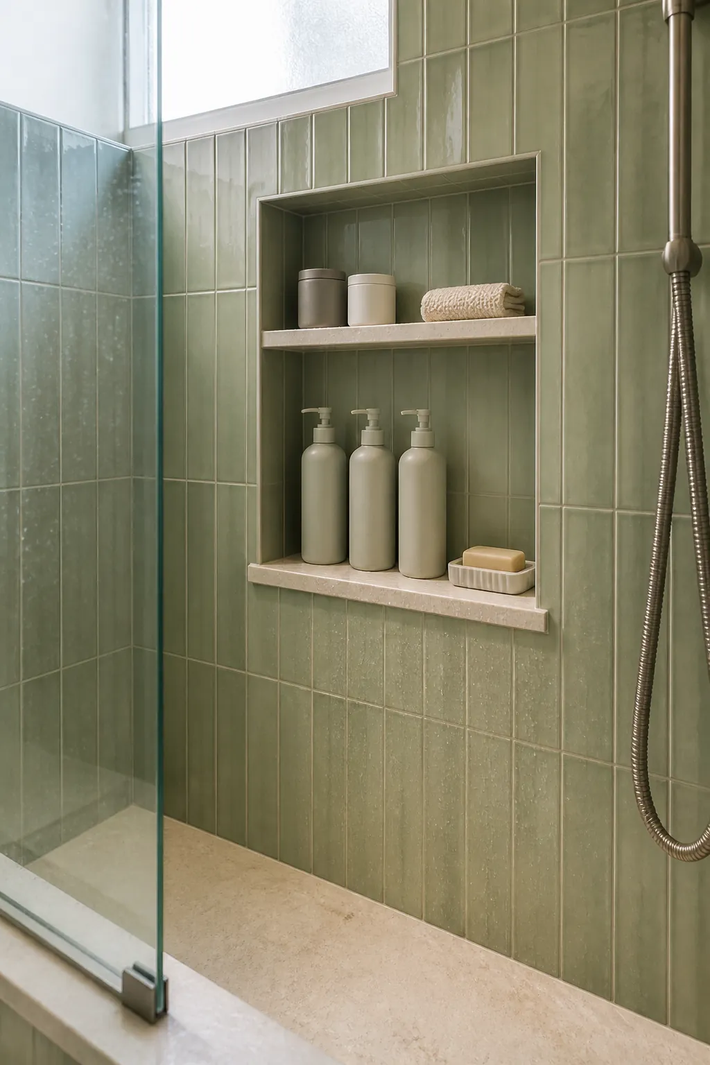 Recessed bathroom shelves integrated into a compact shower wall