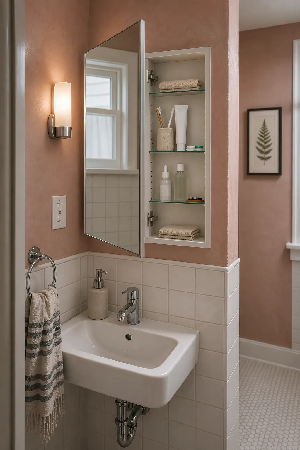 Recessed mirror cabinet organizing daily toiletries above a small sink