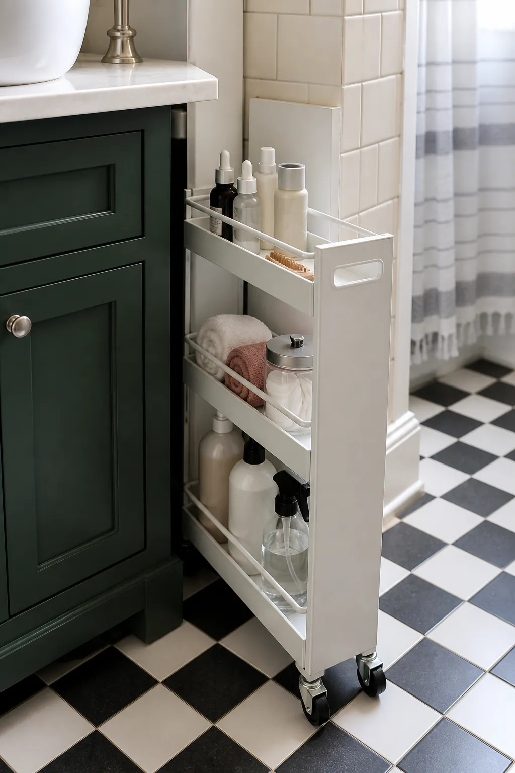 Slim rolling bathroom cart fitted into a narrow gap