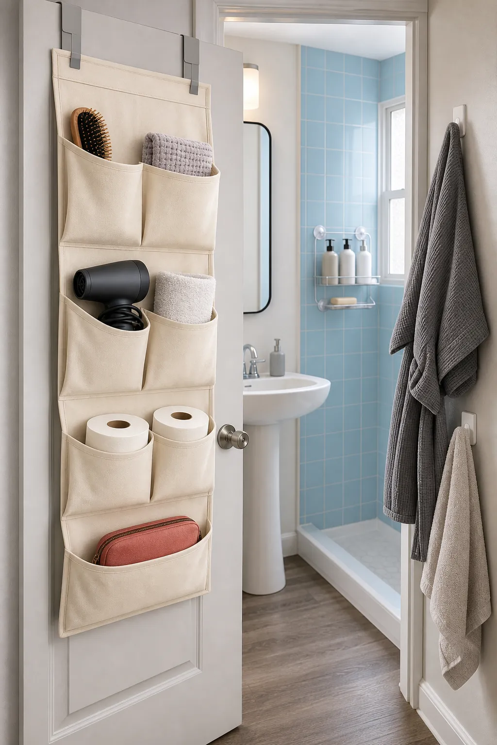 Renter-friendly bathroom storage on the door and shower edge