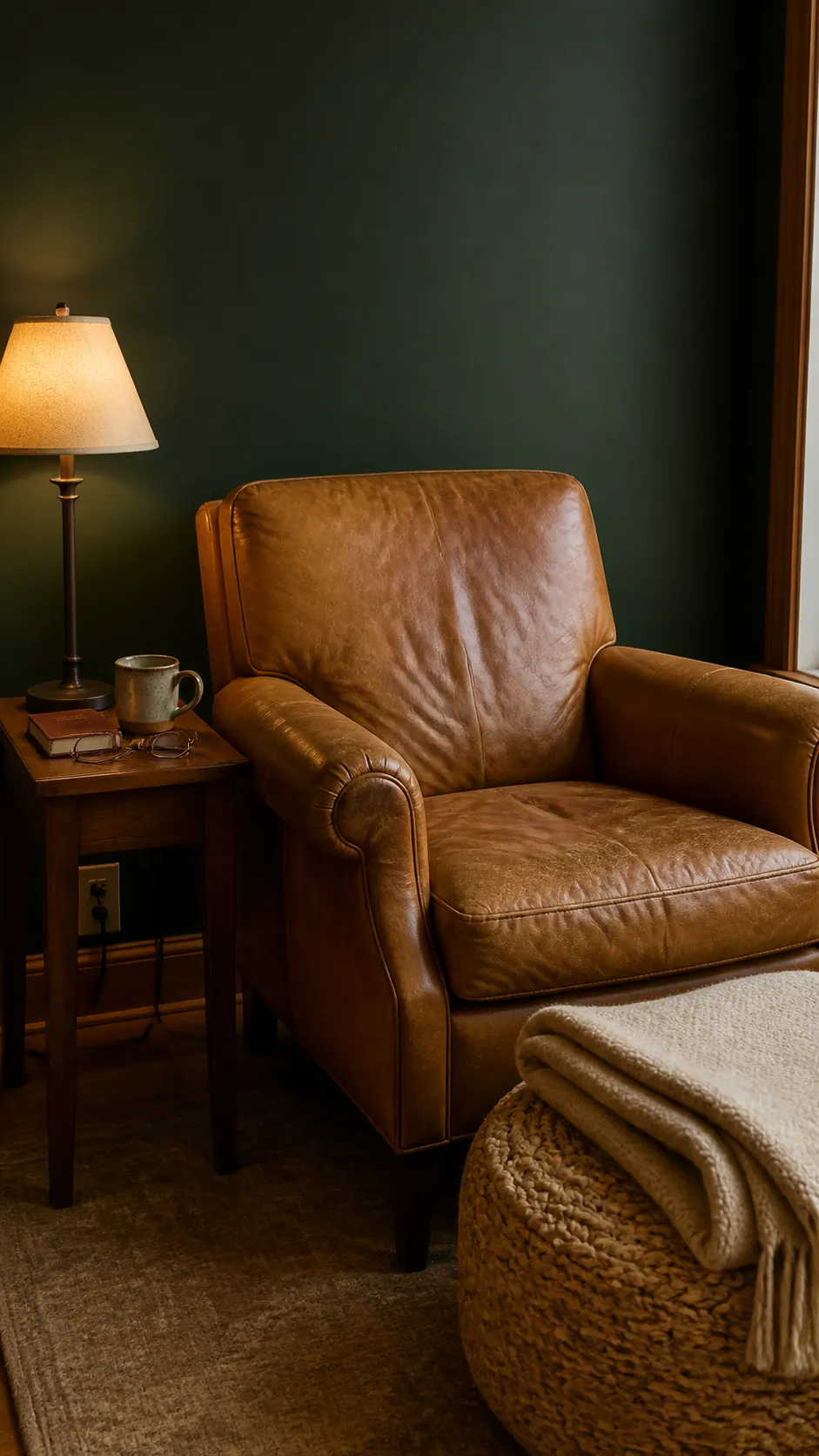 Dark green reading corner styled with a camel leather chair and woven textures
