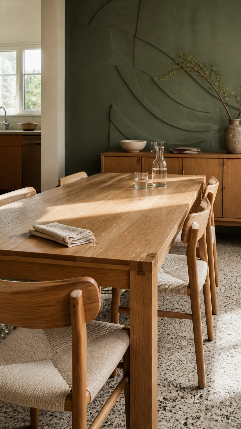 Dark green dining room with a natural oak table and linen seating