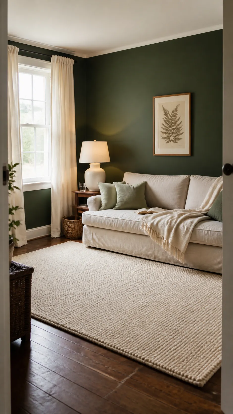 Dark green living room paired with warm white curtains and a cream rug