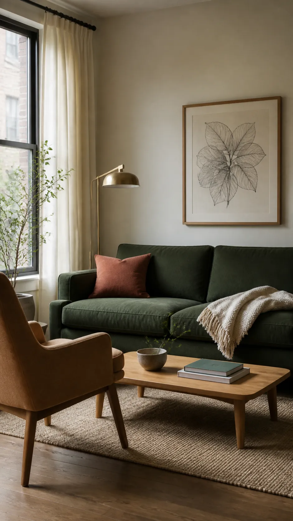 Dark green living room palette with cream, camel, oak, and terracotta accents