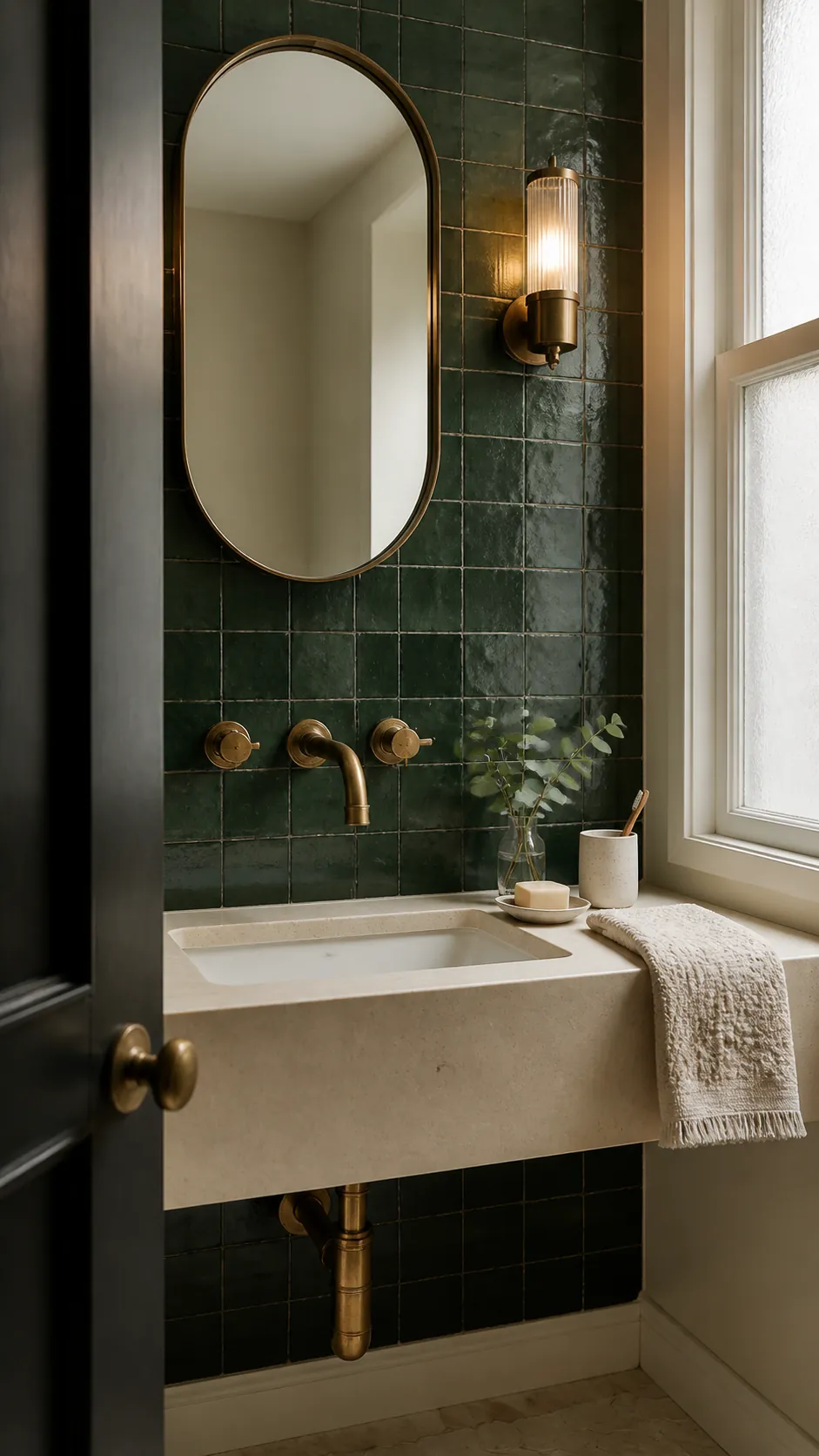 Dark green bathroom with aged brass fixtures and cream stone surfaces