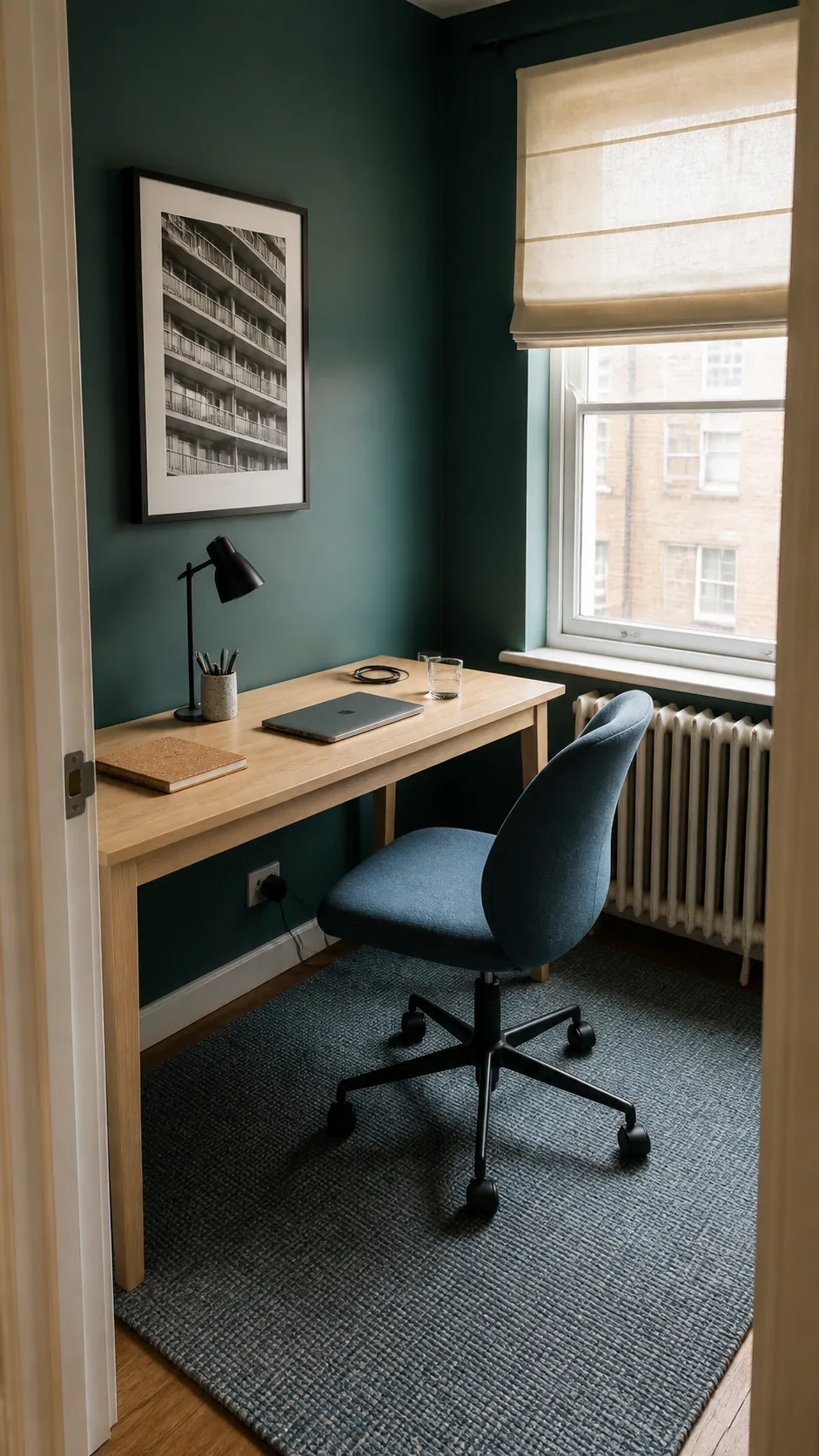 Dark green home office with dusty blue textiles and pale oak furniture