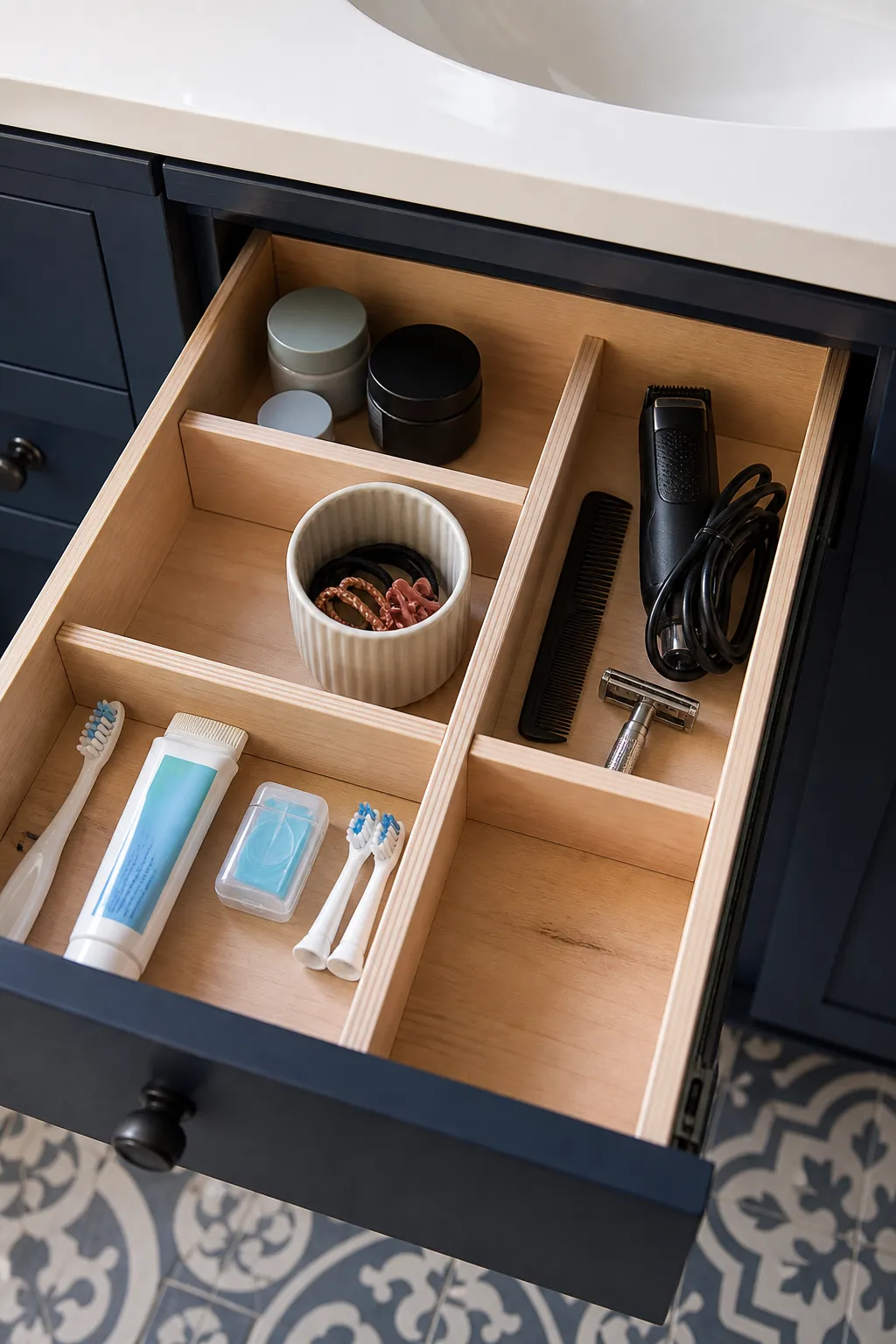 Bathroom drawer dividers organizing skin care and dental essentials