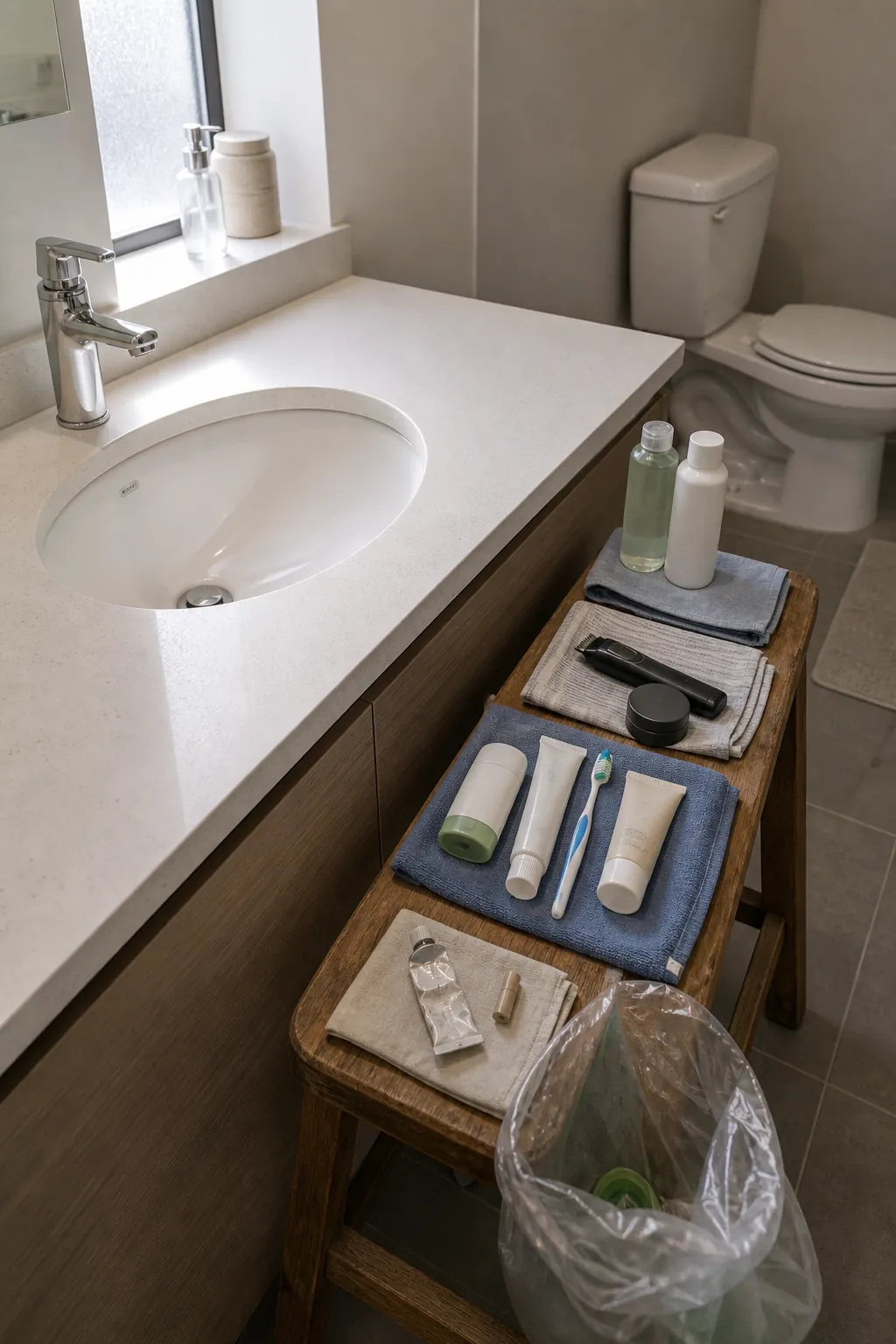 Daily toiletries sorted beside a clear bathroom counter