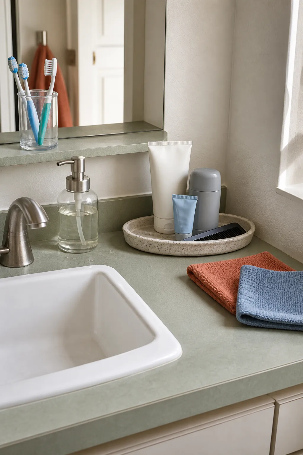 Compact daily toiletries zone on a minimalist bathroom vanity