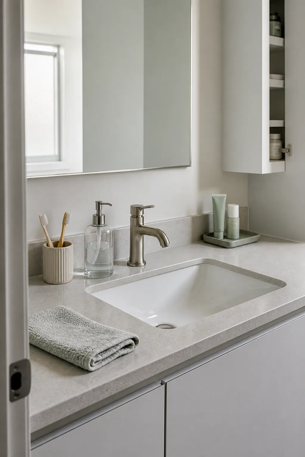 Bright decluttered bathroom counter with organized daily essentials