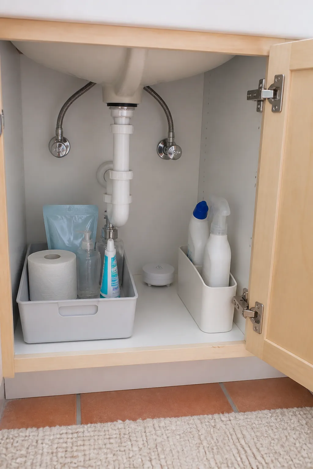 Limited backup toiletries stored in one under sink bin