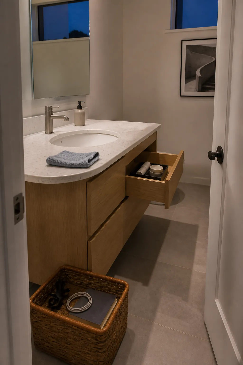 Clutter free bathroom counter ready for a quick evening reset