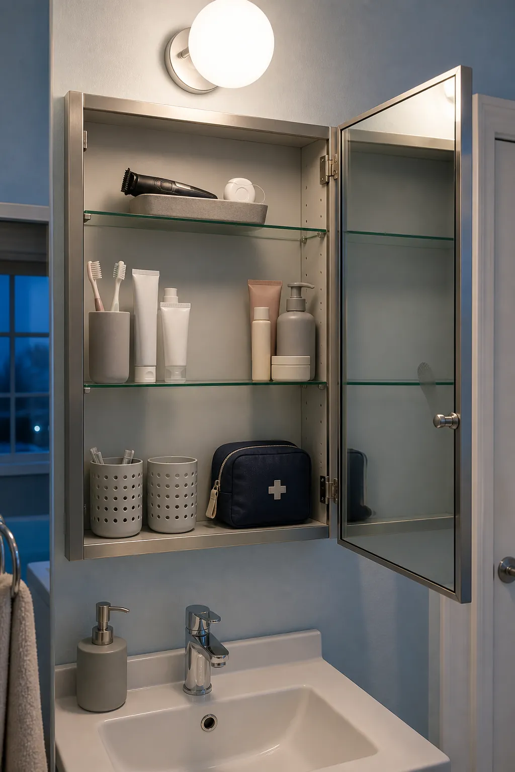Medicine cabinet organization with morning and evening routine zones