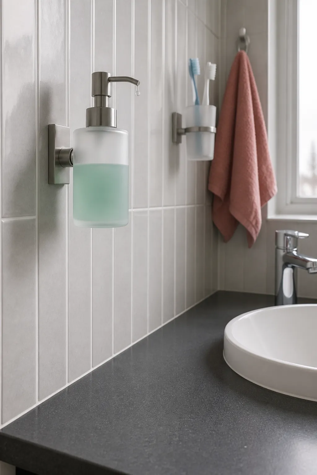Wall mounted soap dispenser freeing space around a bathroom sink