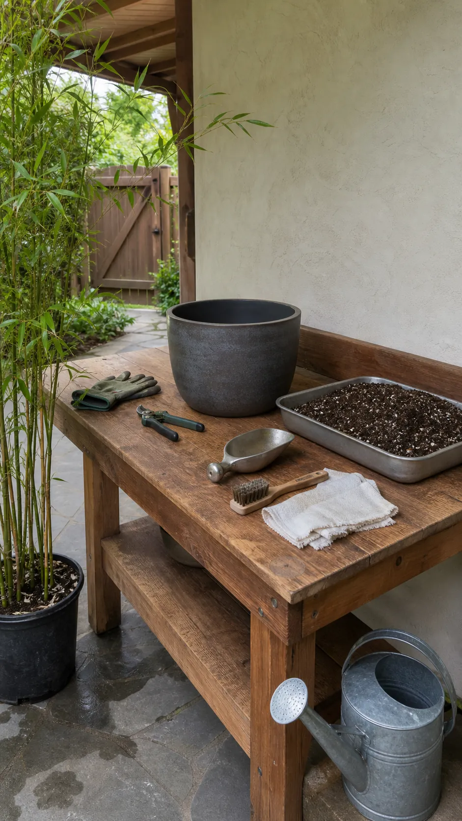 Organized bamboo repotting tools and fresh potting mix in a shaded workspace