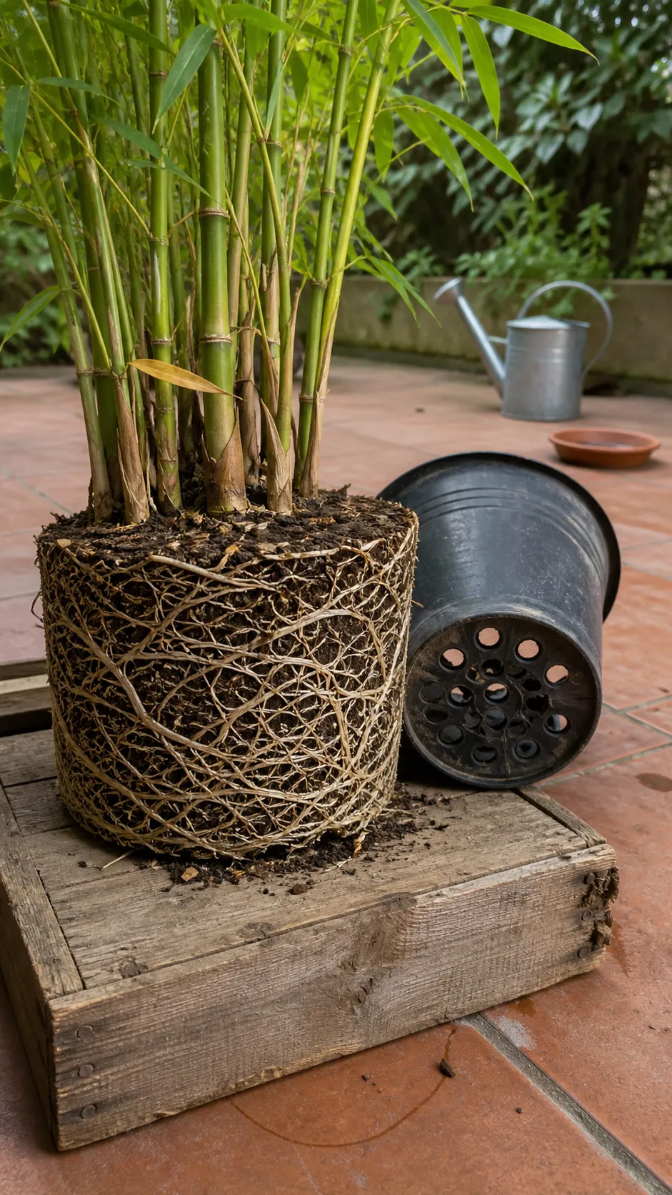 Dense healthy bamboo roots being inspected beside a drainage pot