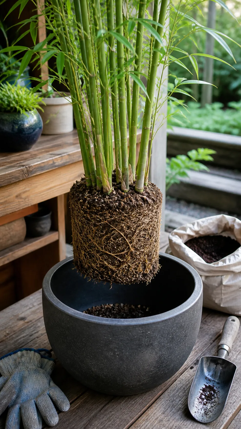 Healthy bamboo being moved into a broad new planter during repotting