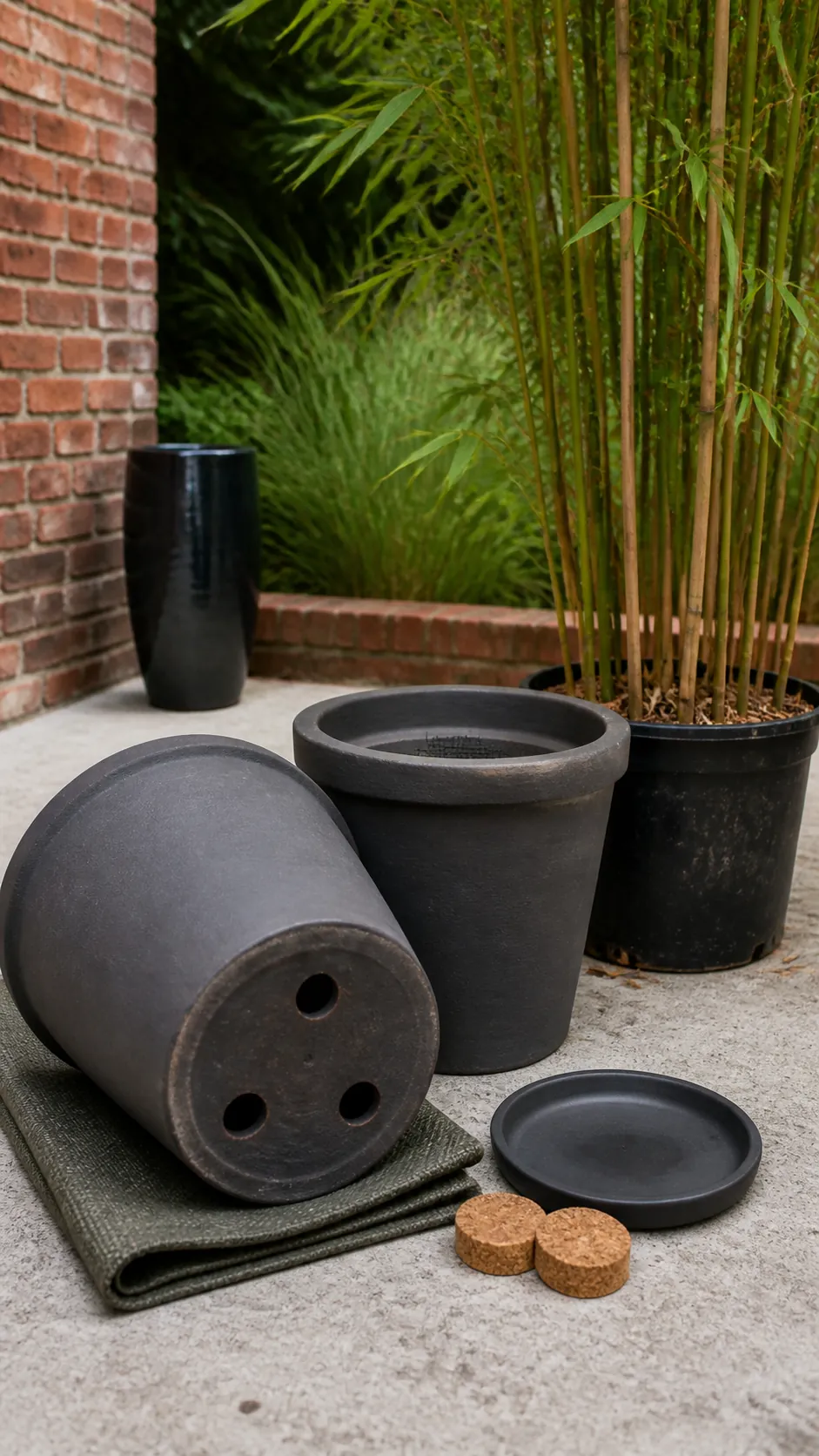 Sturdy bamboo planters with visible drainage holes and practical proportions