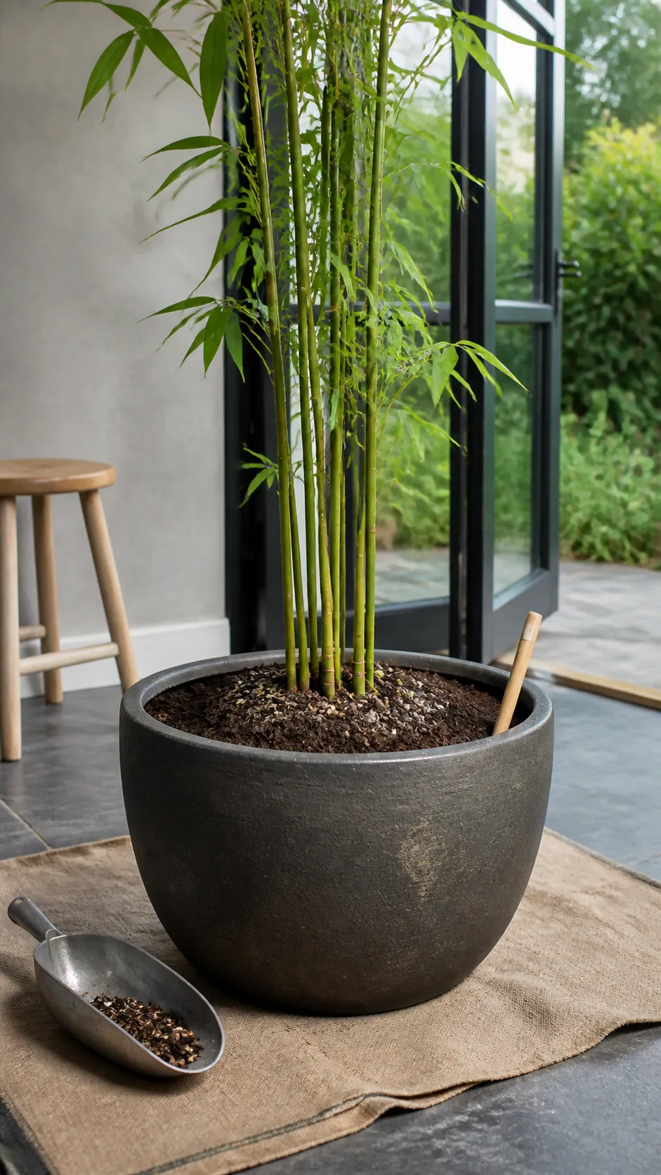 Bamboo centered at its original planting depth in fresh soil