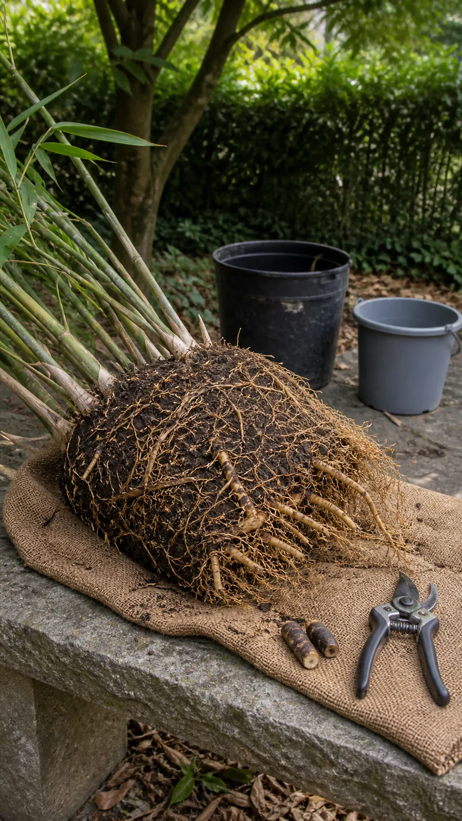 Firm bamboo root ball gently loosened during a careful health inspection