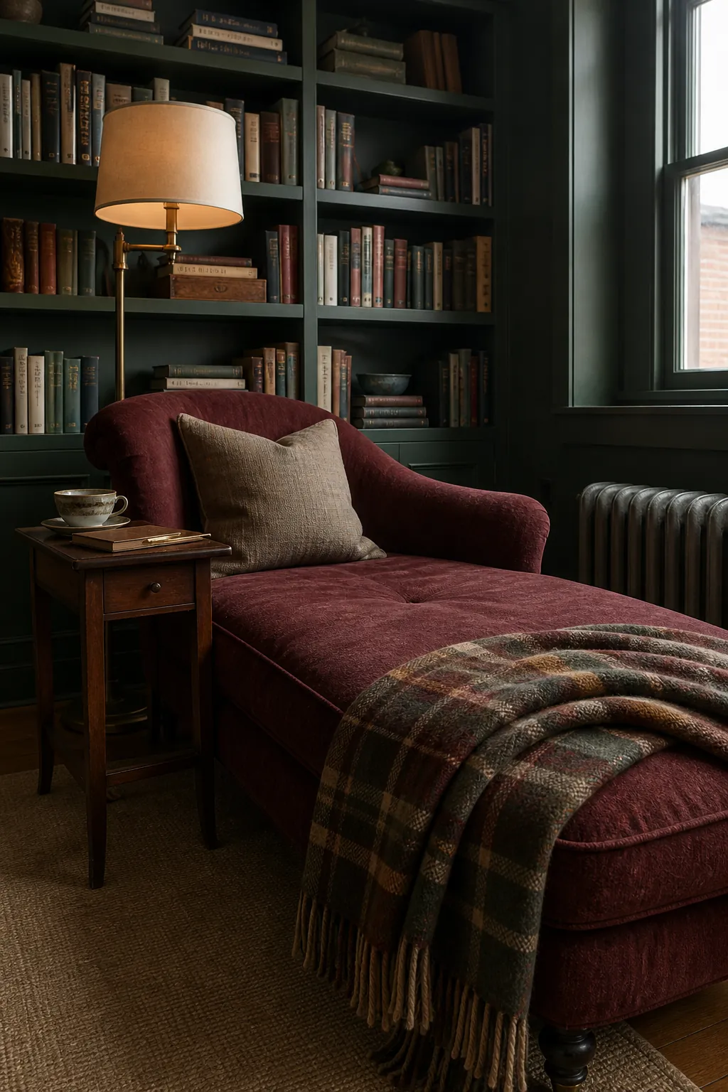 Hunter green home library with burgundy upholstery and parchment accents