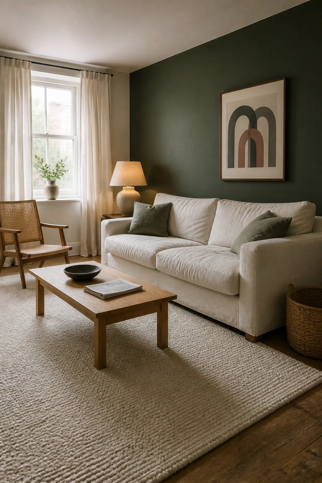 Hunter green living room with parchment curtains and a bone wool rug