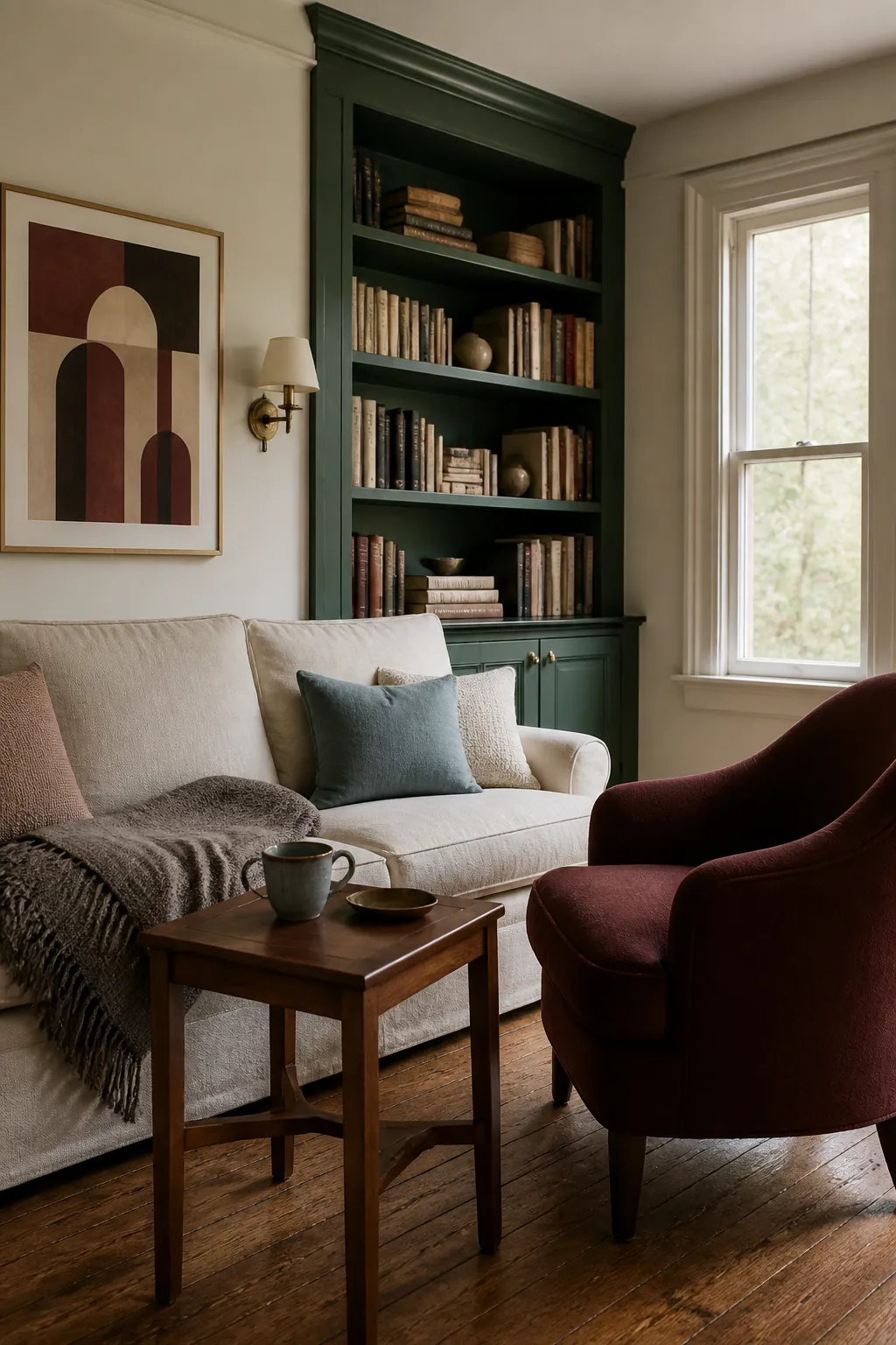 Hunter green interior palette with parchment, walnut, burgundy, and powder blue