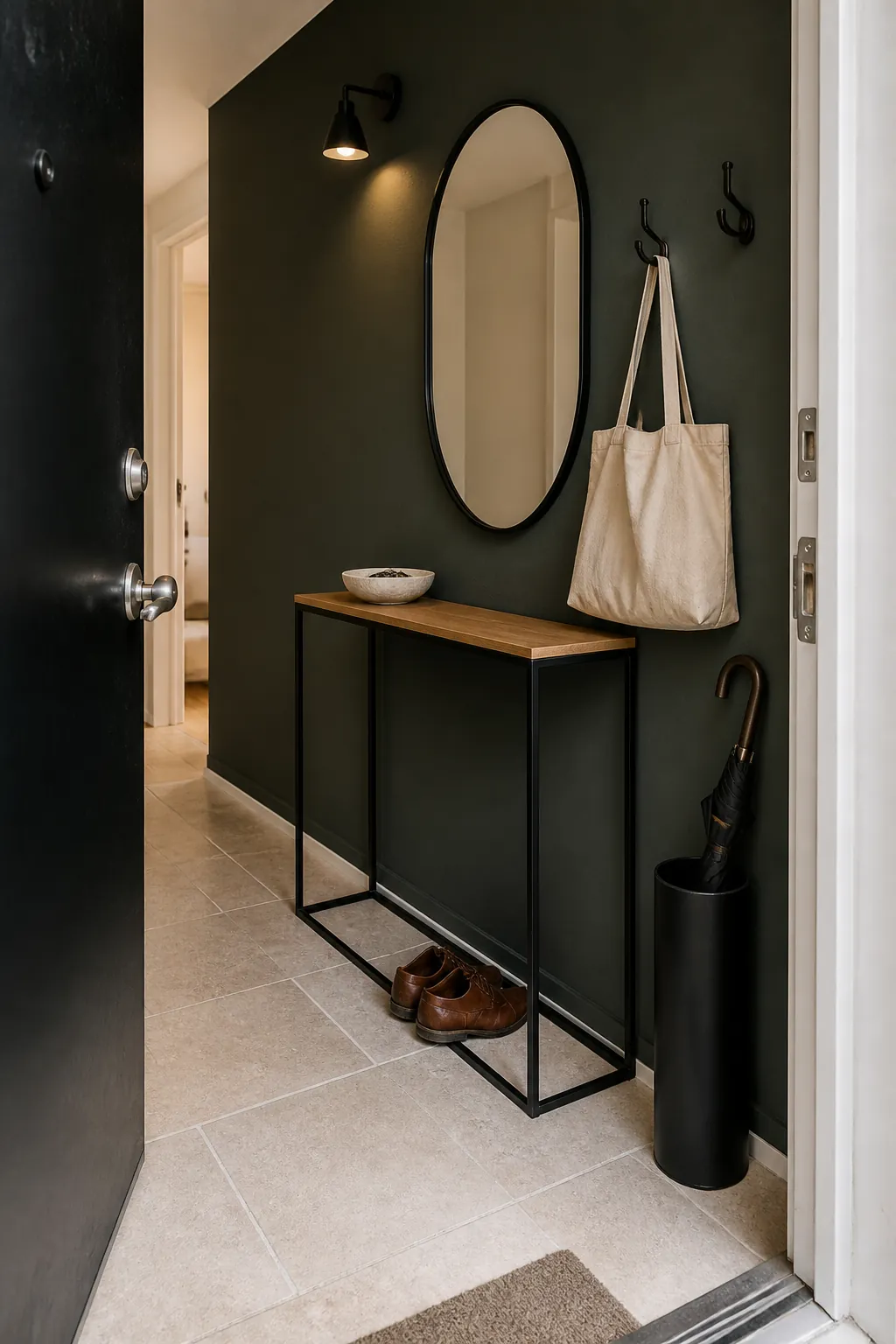 Hunter green entryway defined by slim black furniture and pale stone flooring