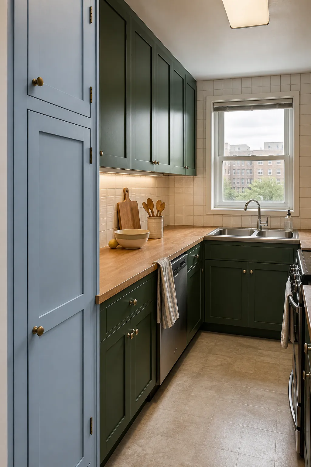 Hunter green kitchen with powder blue pantry doors and warm oak details