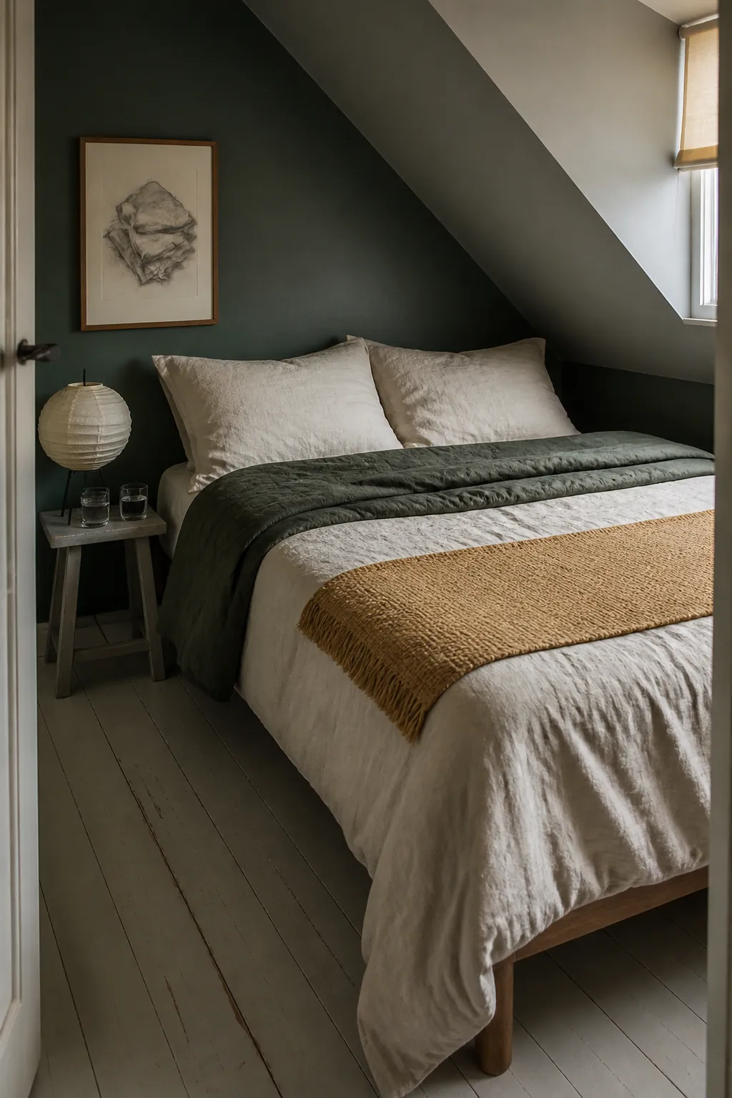 Hunter green bedroom warmed with a muted saffron coverlet and natural linen