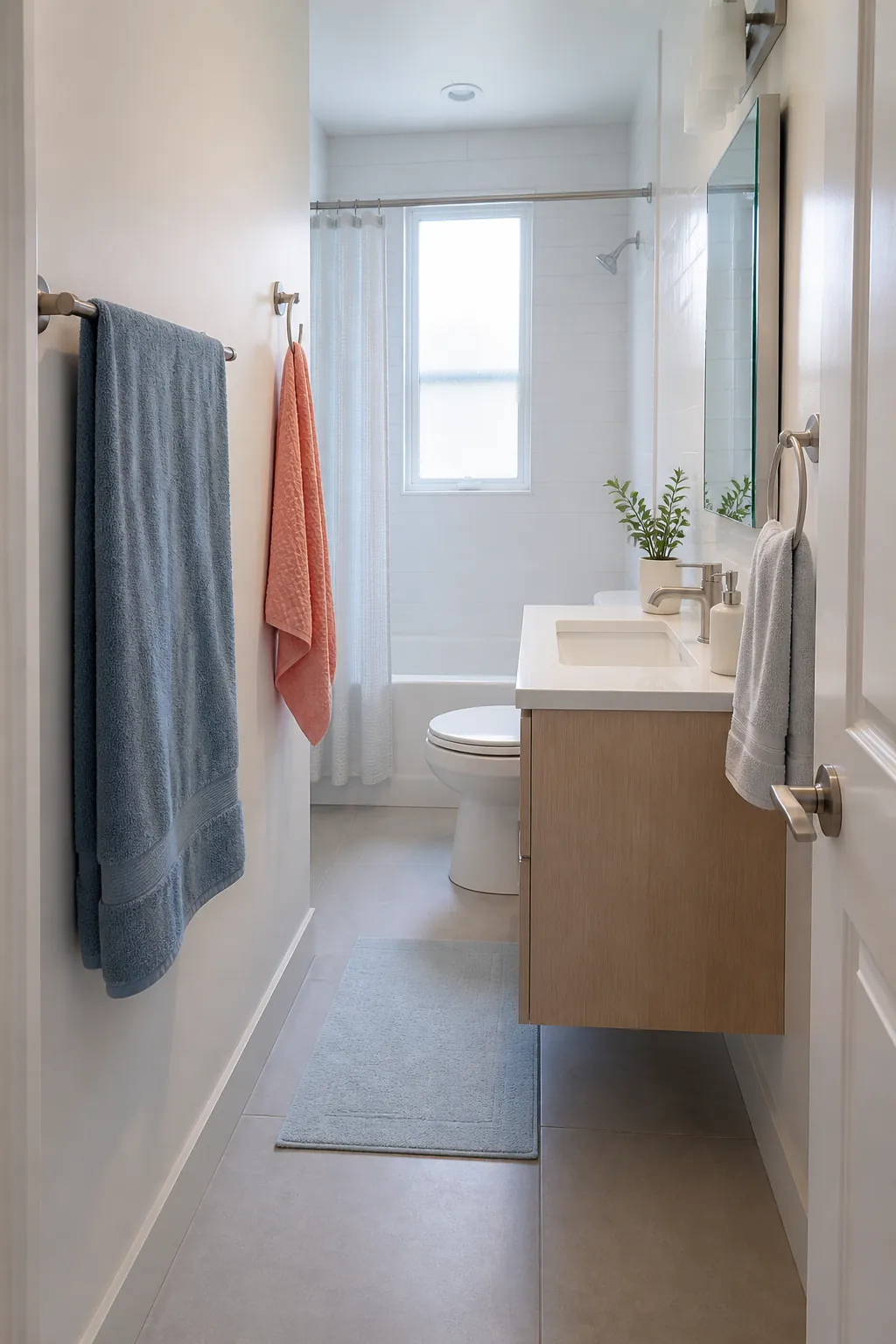 Small bathroom with well spaced towel bar hooks and hand towel ring