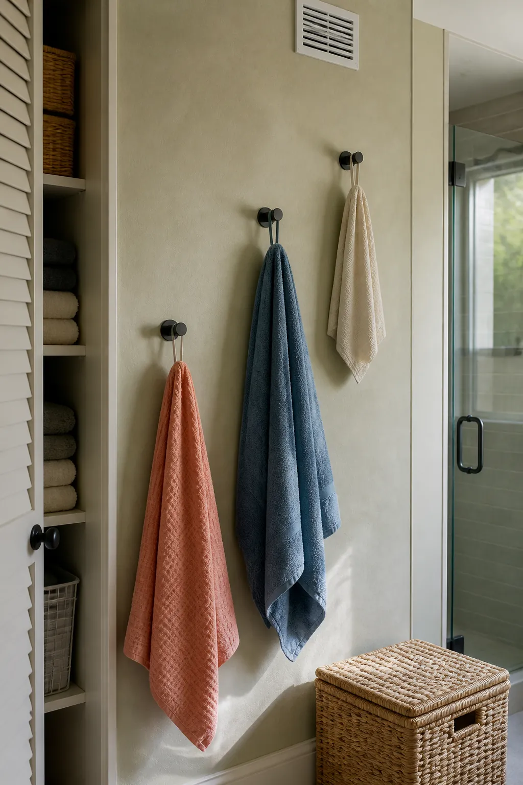 Staggered small bathroom towel hooks for a shared bathroom
