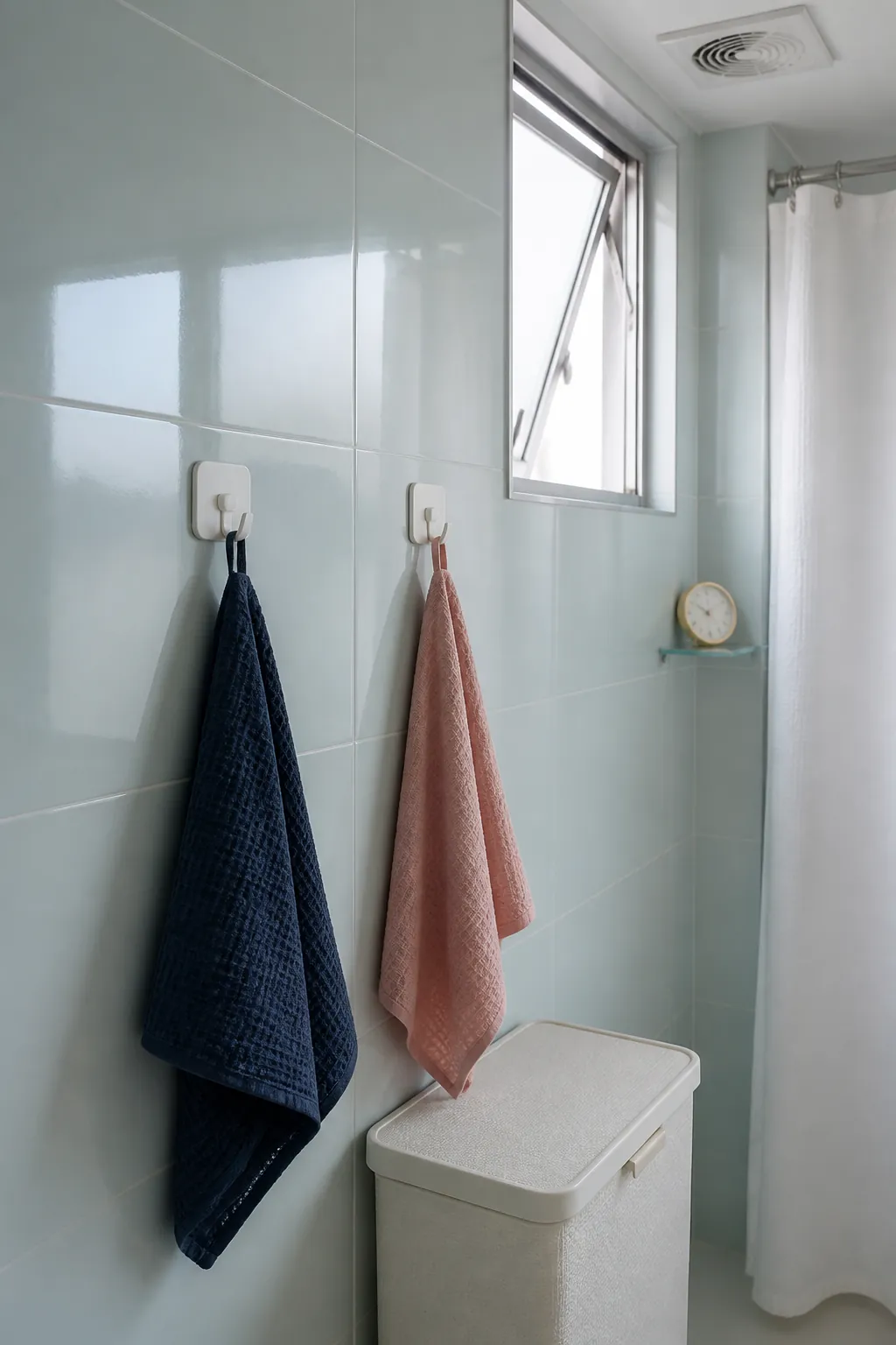 No drill towel hooks in a ventilated bathroom zone