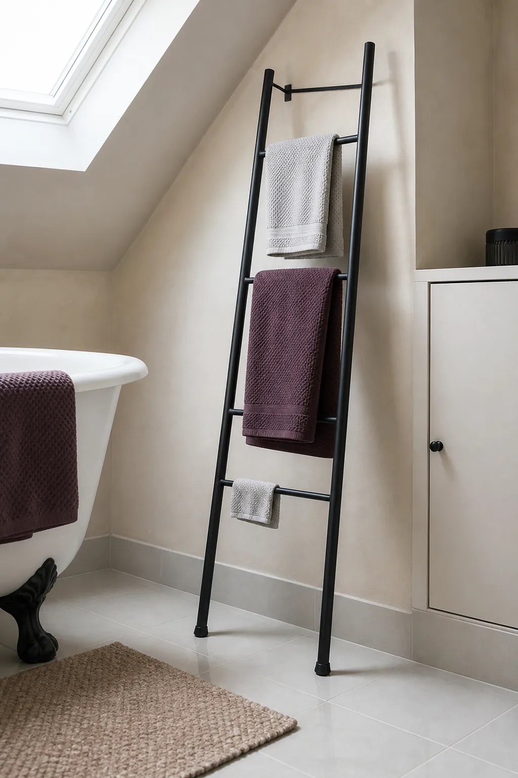 Slim towel ladder providing vertical towel storage in a small bathroom