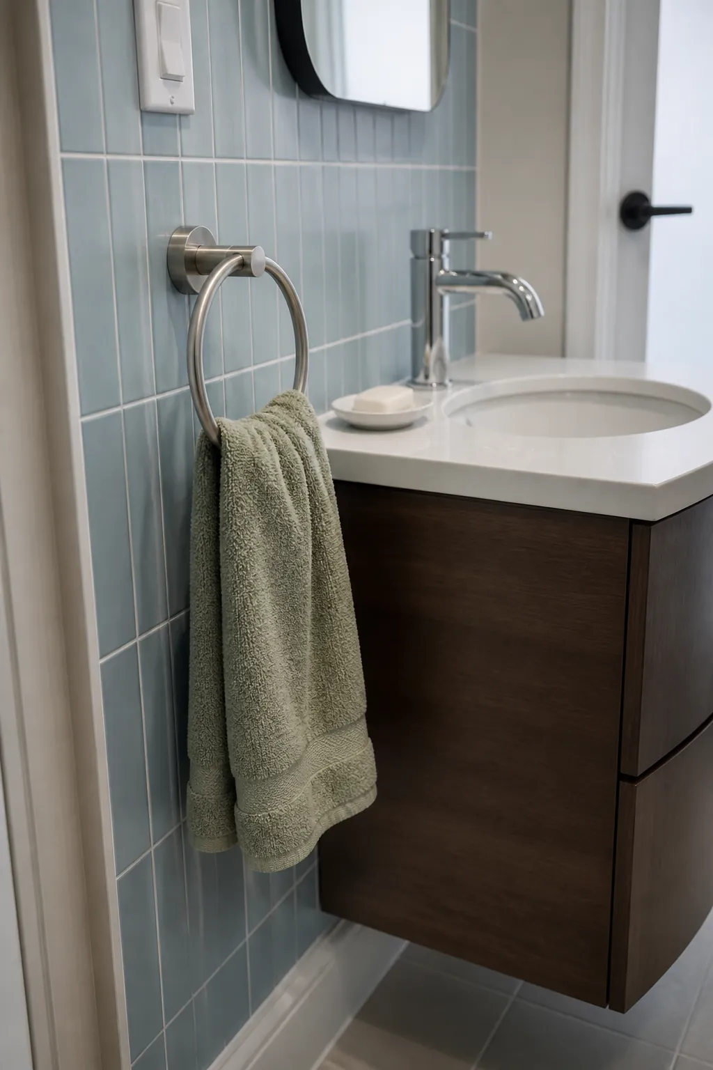 Bathroom hand towel ring placed within easy reach of a small sink