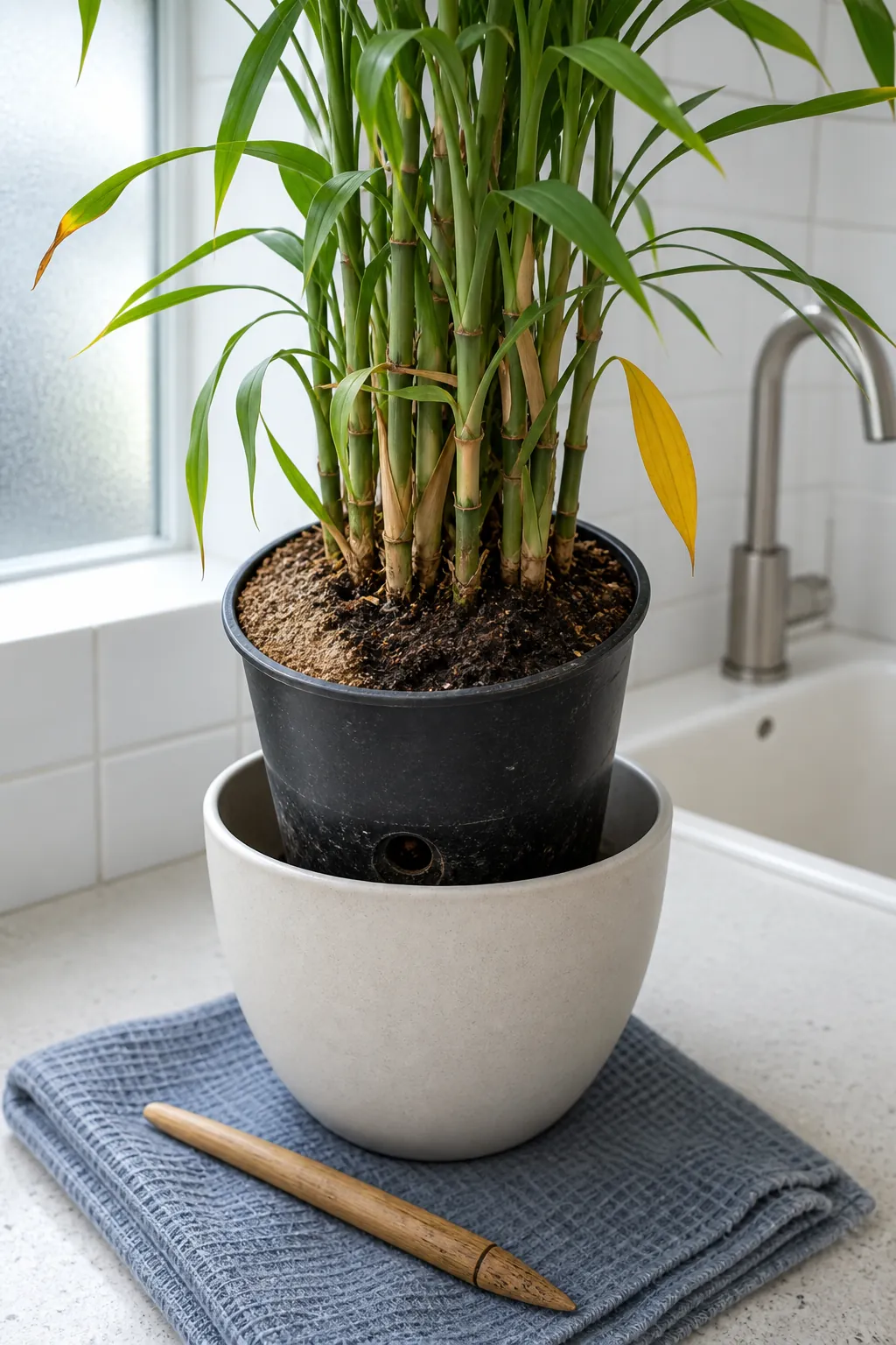 Bamboo leaves soil and stem being examined for visible stress patterns