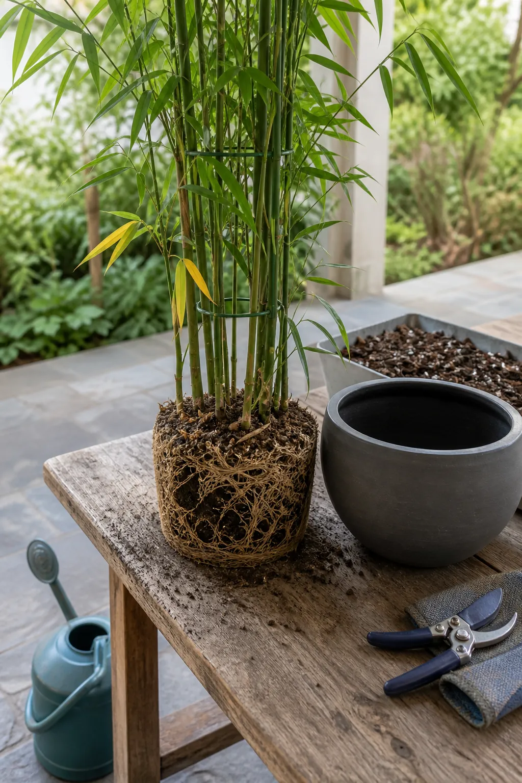 Stressed but living bamboo undergoing a careful root and moisture diagnosis