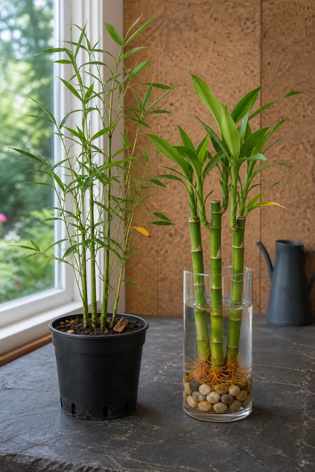 True bamboo and lucky bamboo compared by stems roots and growing medium