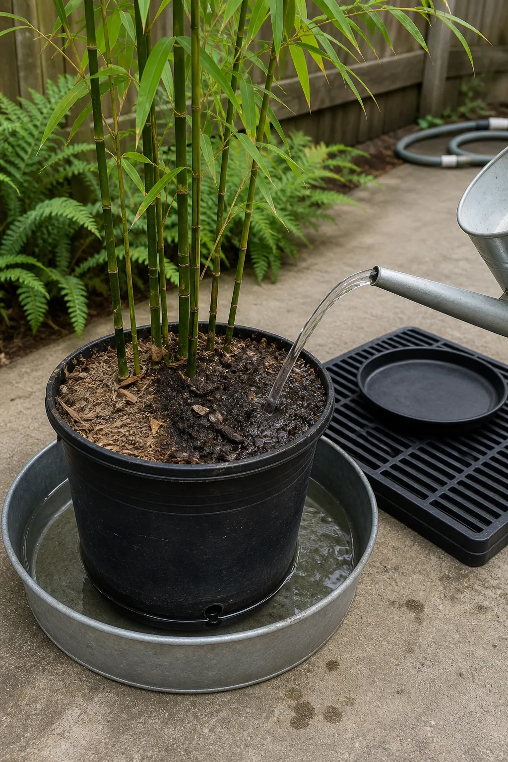 Dry bamboo root ball being evenly rehydrated and allowed to drain
