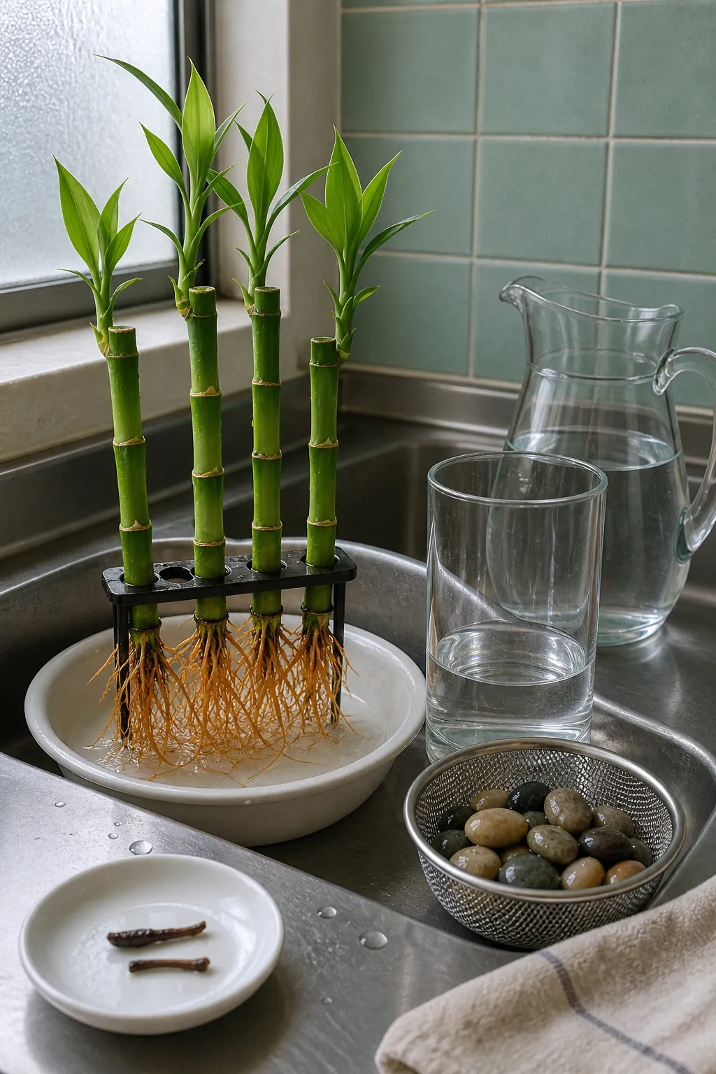 Lucky bamboo roots and clean glass vessel prepared with fresh filtered water