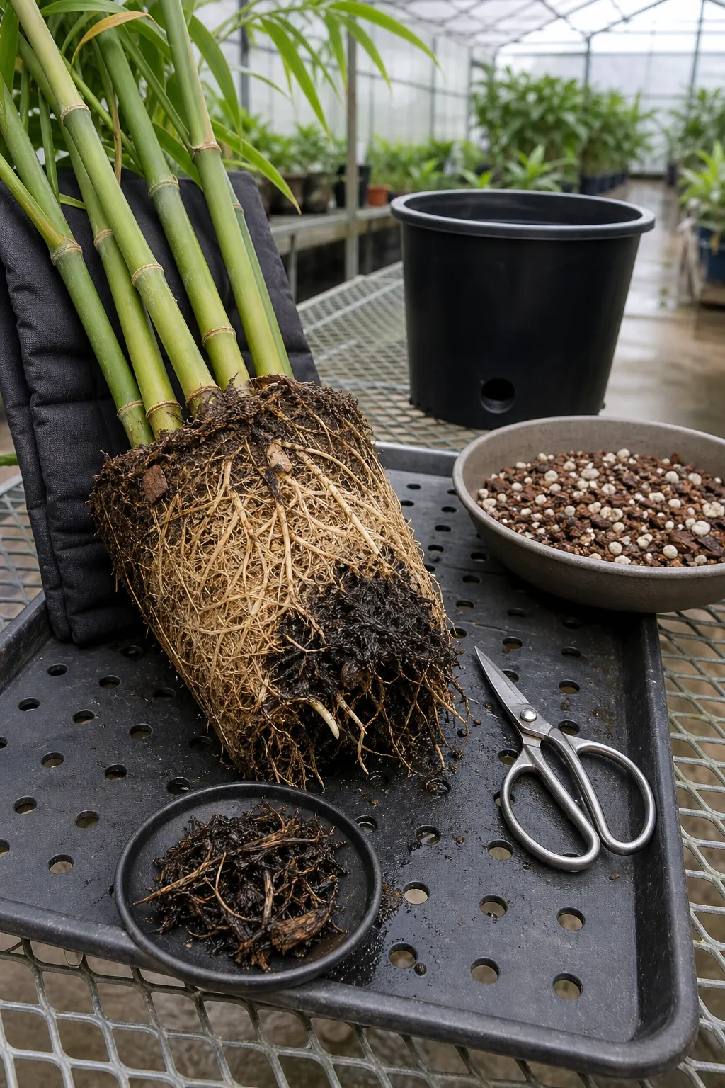 Healthy firm bamboo roots separated from soft damaged roots during rescue