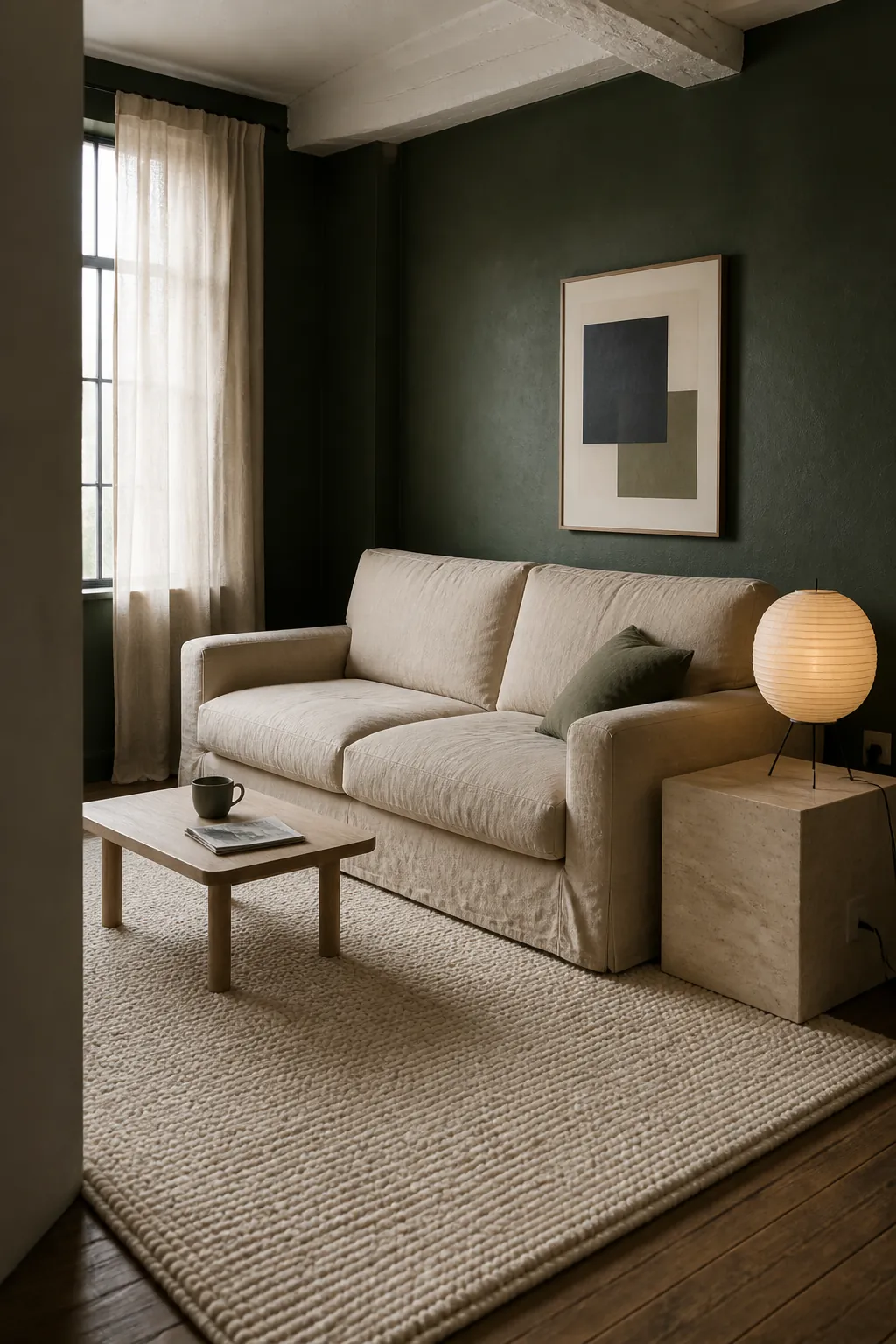 Dark green living room balanced by limestone cream and natural flax textiles
