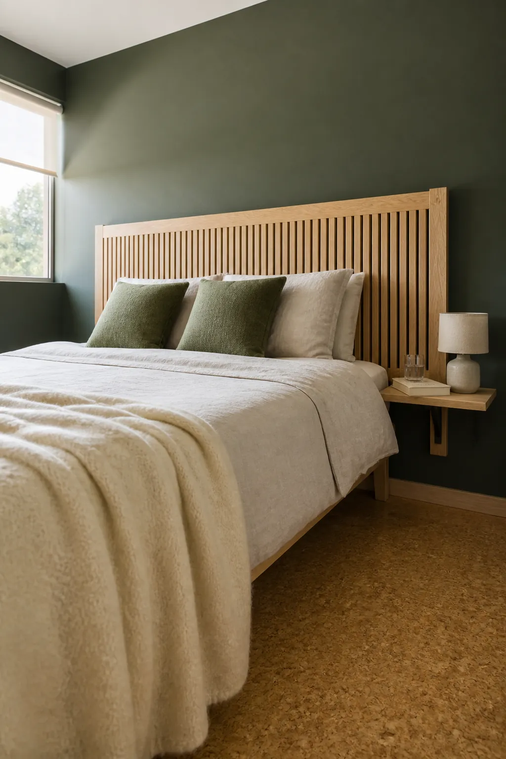 Dark green bedroom with a pale oak headboard and light woven bedding