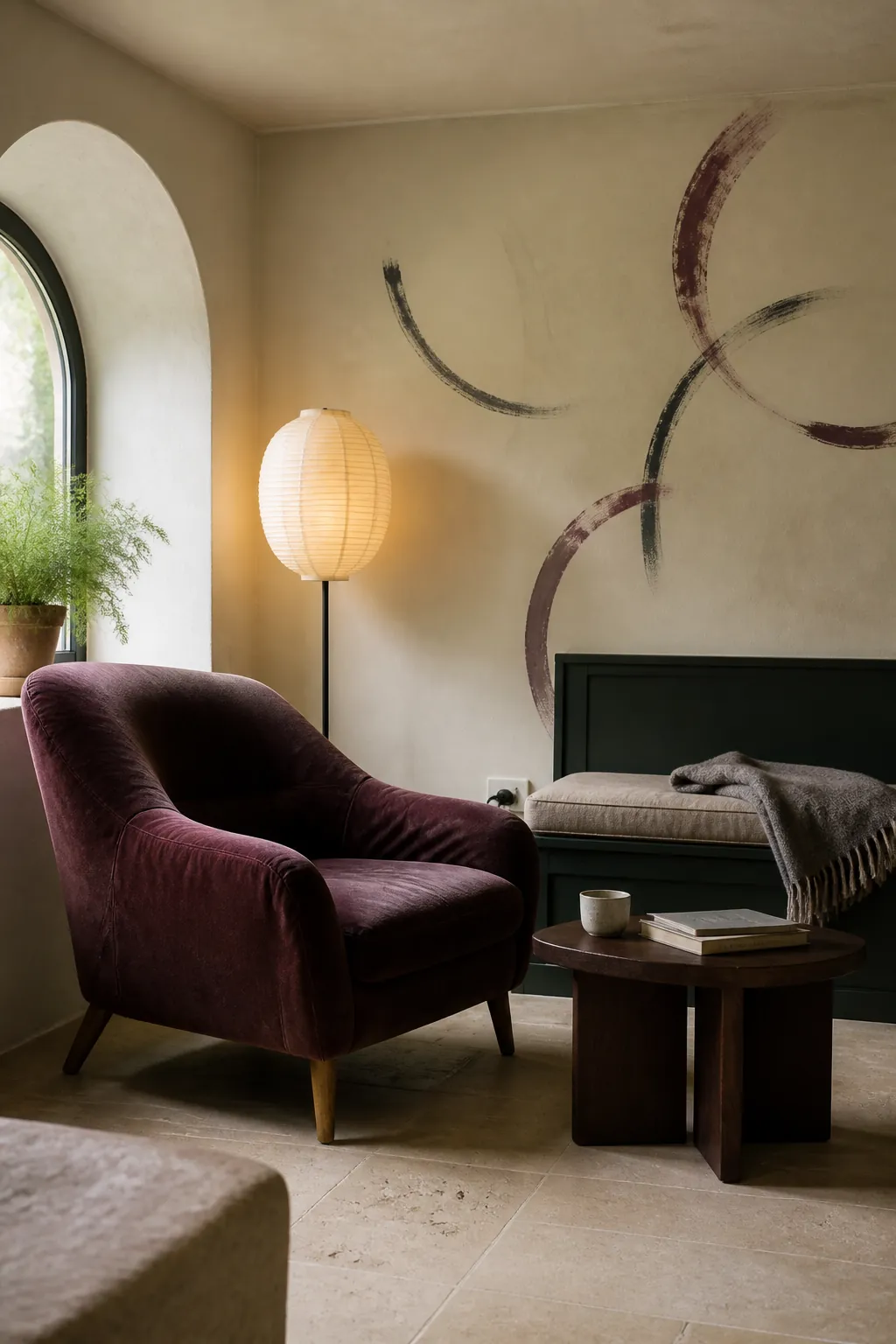 Dark green sitting room with a dusty plum chair and pale plaster surfaces