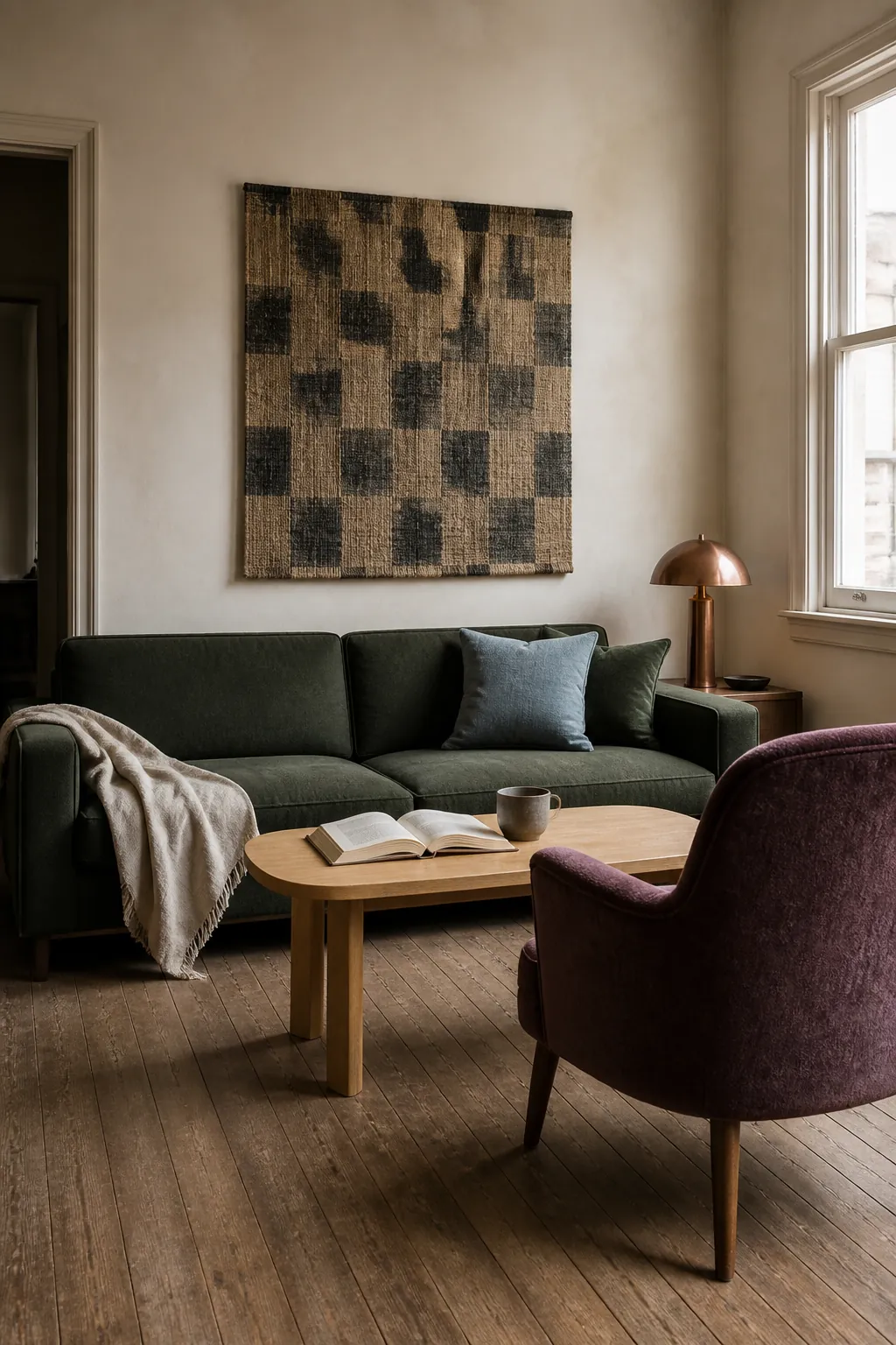 Dark green room palette with limestone, pale oak, plum, copper, and mist blue